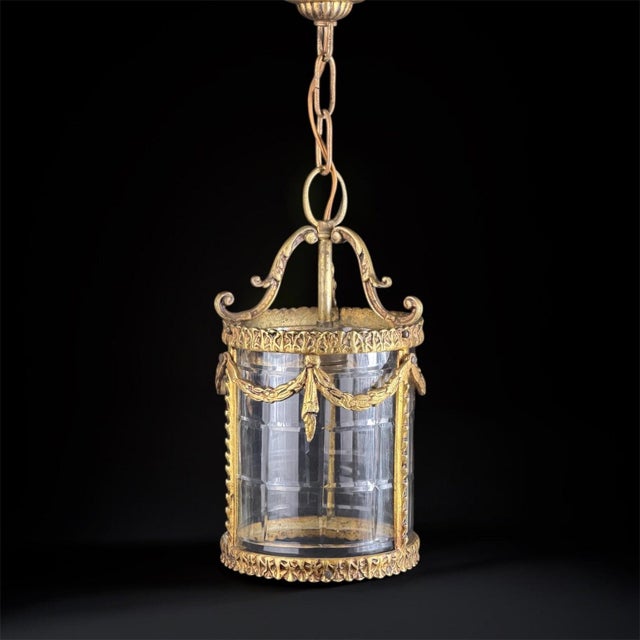 Antique French Louis XVI Style Gilt Bronze Hanging Lantern with Faceted Glass For Sale - Image 4 of 10
