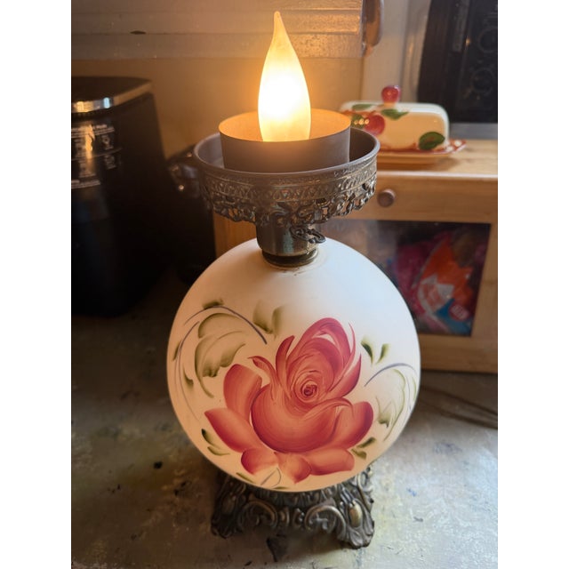 Pink Vintage "Gone With the Wind” Hurricane Parlor Lamp Double Globe Pink Roses For Sale - Image 8 of 11