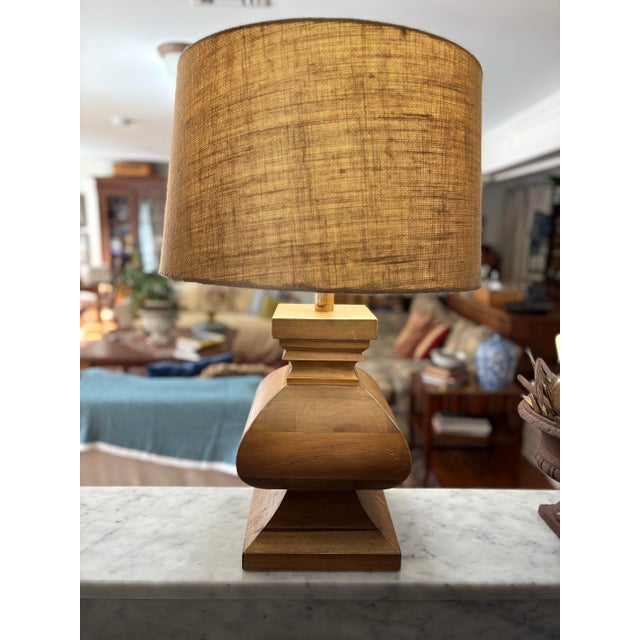 Camel Chunky Wooden French Baluster Style Table Lamp With Hessian / Burlap Drum Shade For Sale - Image 8 of 8