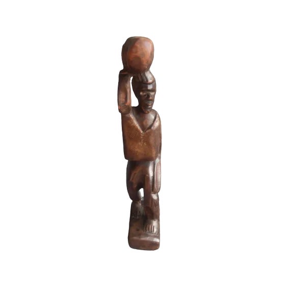 Hand Carved African Tribal Wooden Man With Drum on Head For Sale In Washington DC - Image 6 of 6