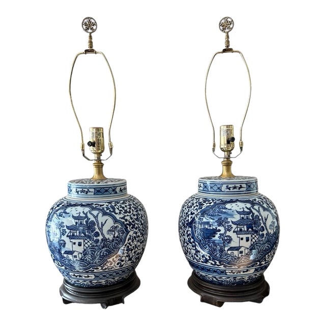 Vintage Chinoiserie Blue and White Ginger Jar Pagoda Lamps - A Pair For Sale