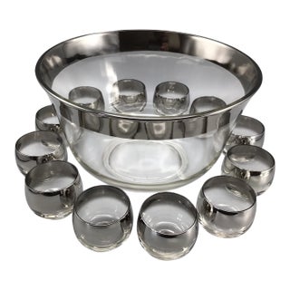 Dorothy Thorpe Silver Rim Punch Bowl and 12 Silver Fade Punch Cups-Set of 14 For Sale
