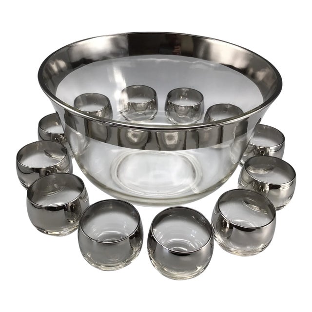 Dorothy Thorpe Silver Rim Punch Bowl and 12 Silver Fade Punch Cups-Set of 14 For Sale