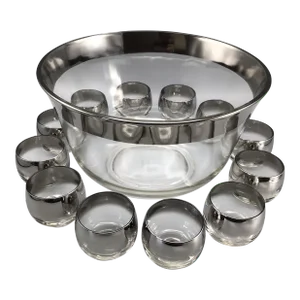 Vintage Dorothy Thorpe Silver Rim Punch Bowl With Ladle and 12 Silver Fade Punch Cups-Set of 14