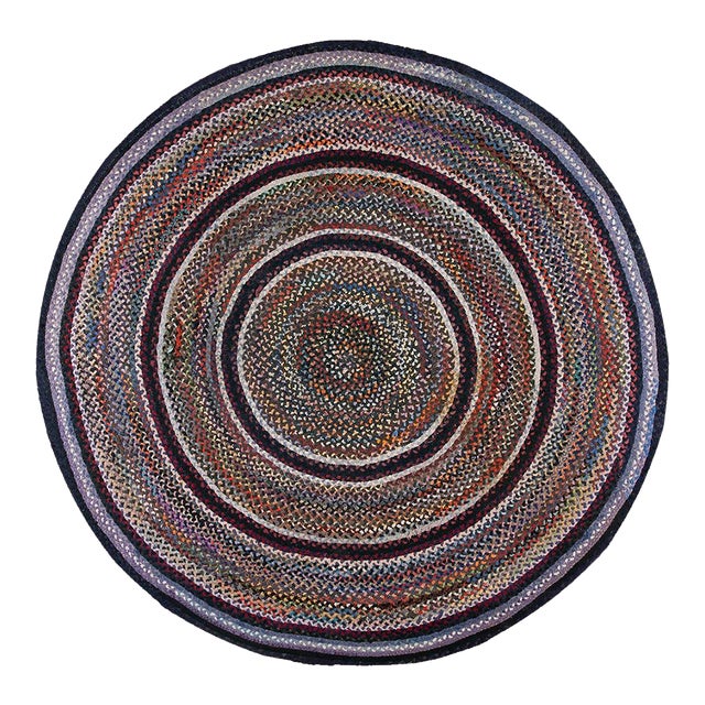 1930s Multicolor Geometric Folk Art Antique American Braided Rug 9'10'' X 9'10'' Oval Carpet For Sale