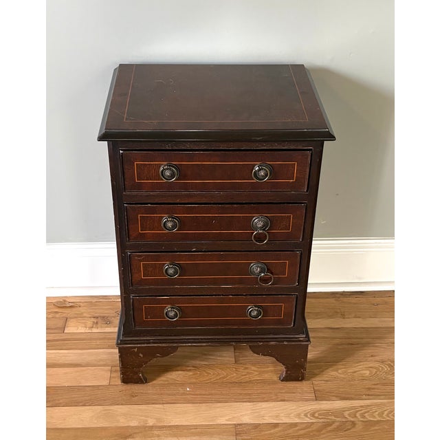 1920s-30s art deco style inlaid wood 4-drawer small chest or nightstand w/ knocker loop handles/pulls. Some minor surface...