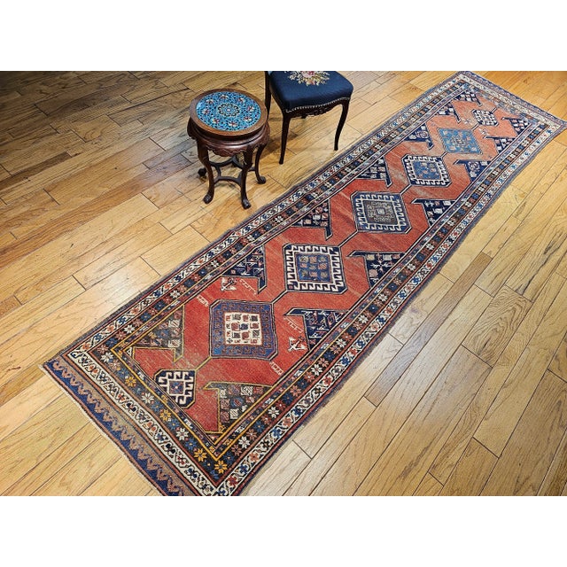 Antique Persian Kurdish Bidjar Runner, Handwoven Geometric Pattern, Terracotta & Navy, 3’ X 13’ For Sale - Image 15 of 18