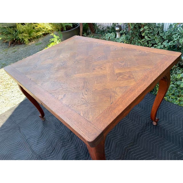 Farmhouse 1920s French Provincial Oak Parquet Draw Leaf Dining Table For Sale - Image 3 of 11