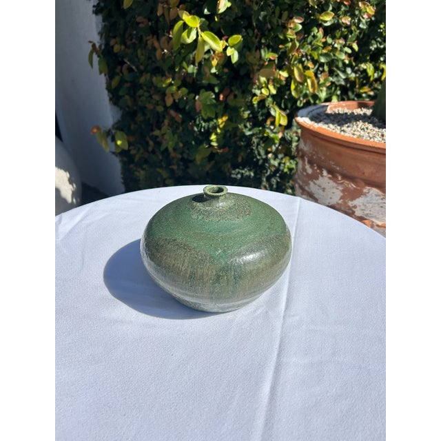 Vintage Signed Green Studio Pottery Vessel For Sale - Image 4 of 11