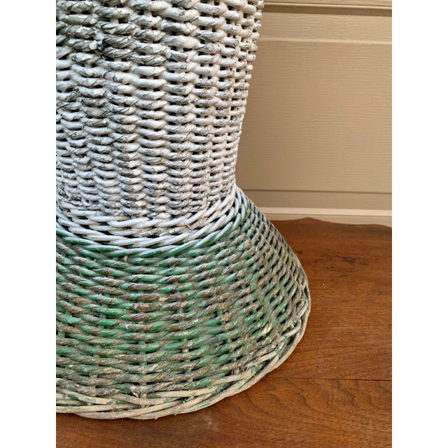 Antique Painted Wicker Umbrella Basket With Green and White Surface For Sale - Image 9 of 12
