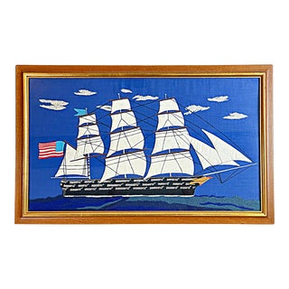 1960's Folk Art Embroidered Woolwork Nautical Ship Hanging For Sale