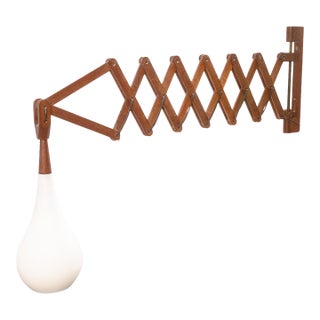 Vintage 1960s Wall Mounted Scissor Lamp With Hanging Teardrop Milk Glass Shade For Sale