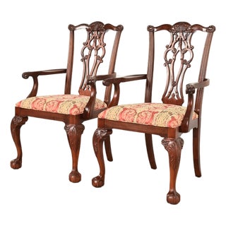 Ethan Allen Chippendale Carved Mahogany Armchairs or Dining Captain Chairs, Pair For Sale
