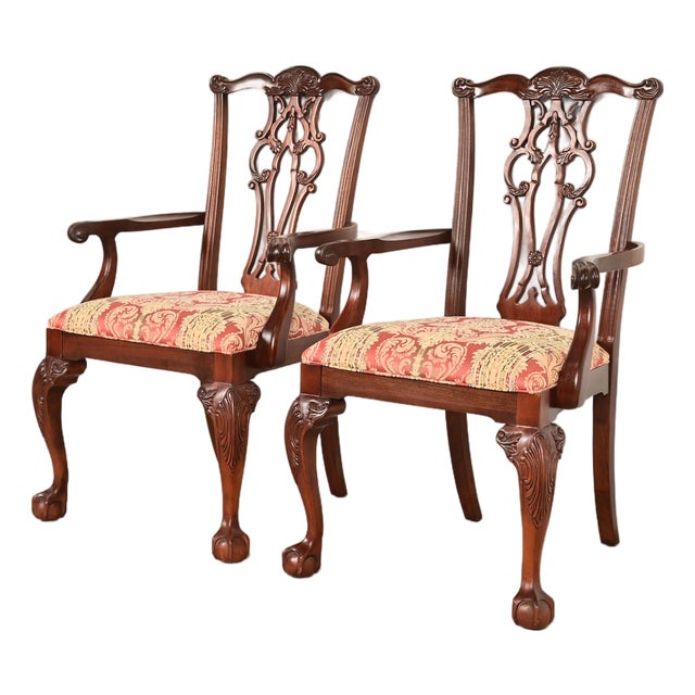 Ethan Allen Chippendale Carved Mahogany Armchairs or Dining Captain Chairs, Pair For Sale