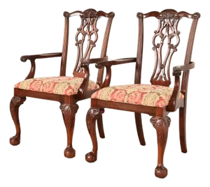 Ethan Allen Chippendale Carved Mahogany Armchairs or Dining Captain Chairs, Pair