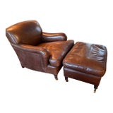 George Smith Brown Leather Standard Arm Signature Chair and Run Up Stool Ottoman For Sale
