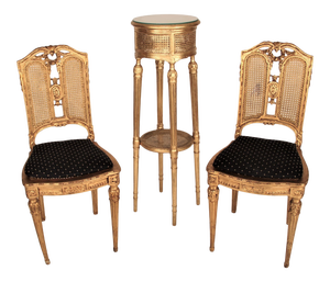 French Louis XVI Style Carved Fauteuils Cane Seating Set - 3 Pieces