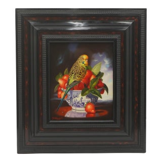 p.devaud Perruche Aux Fraises Oil on Canvas Painting Art - Signed For Sale