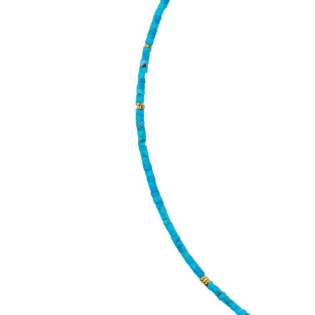 Blue Tiny Turquoise Tube 18k Gold Necklace For Sale - Image 8 of 12