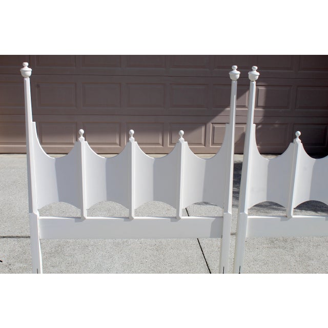 Wood Pair of Vintage White Twin-Size Beds With Gothic Revival Style Headboards & Metal Frames For Sale - Image 7 of 17