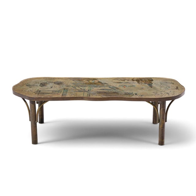 Philip & Kelvin LaVerne Chan Model 140 Mid Century Bronze Coffee Table This coffee table measures: 59 wide x 23 deep x 17...