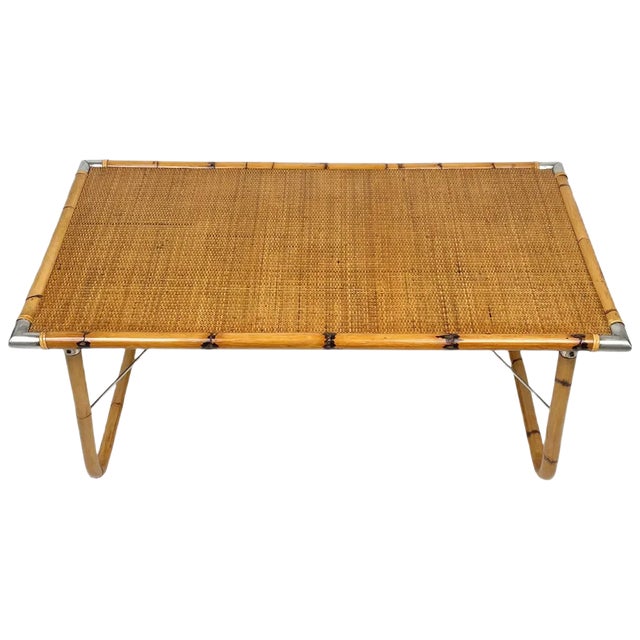 Folding Coffee Table in Bamboo, Rattan, Wicker with Steel Corners, Italy, 1970s For Sale