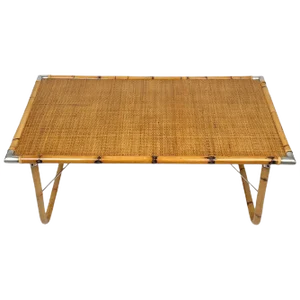 Folding Coffee Table in Bamboo, Rattan, Wicker with Steel Corners, Italy, 1970s