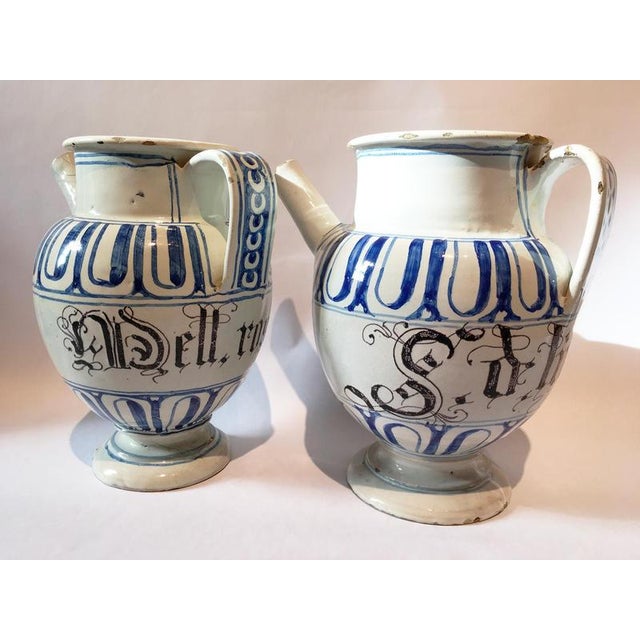 White and Blue Ceramic Pharmacy Carafes, Italy, Mid-18th Century, Set of 2 For Sale - Image 16 of 18