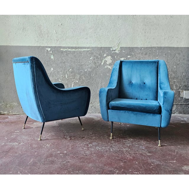 Mid-Century Modern Mid-Century Armchairs in Blue Velvet, Italy, 1950s, Set of 2 For Sale - Image 3 of 8