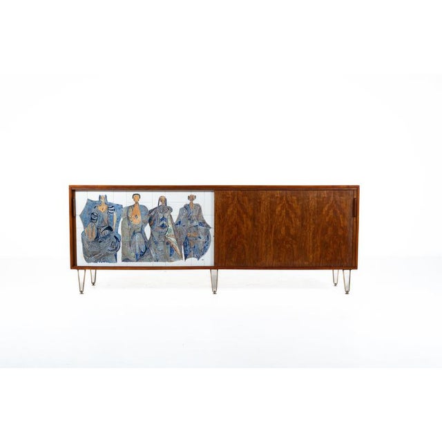 Belgian Modernist Sideboard by Alfred Hendrickx for Belform, Belgium, 1958 On the left door Colorful tile Mural hand-...