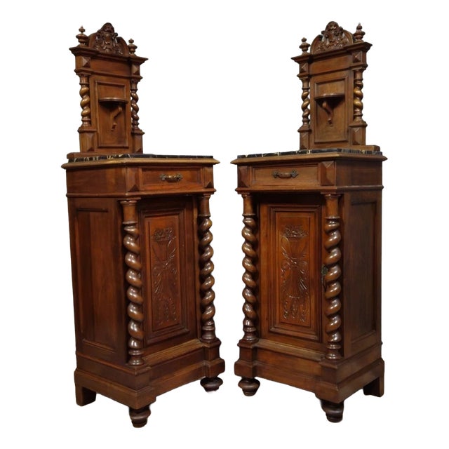 Bedside Tables in Walnut with Black Marble Tops, Set of 2 For Sale