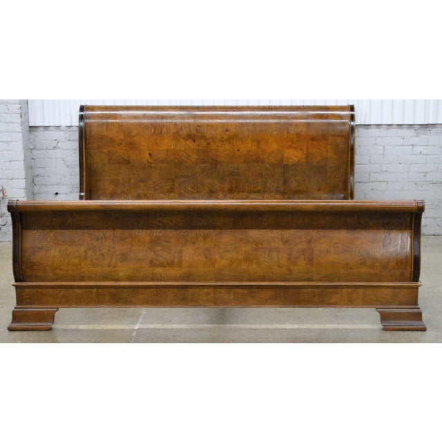 Henredon Charles X Empire Collection King Size Burlwood Carved Sleigh Bed. Beautiful burlwood bed with carved side panels...