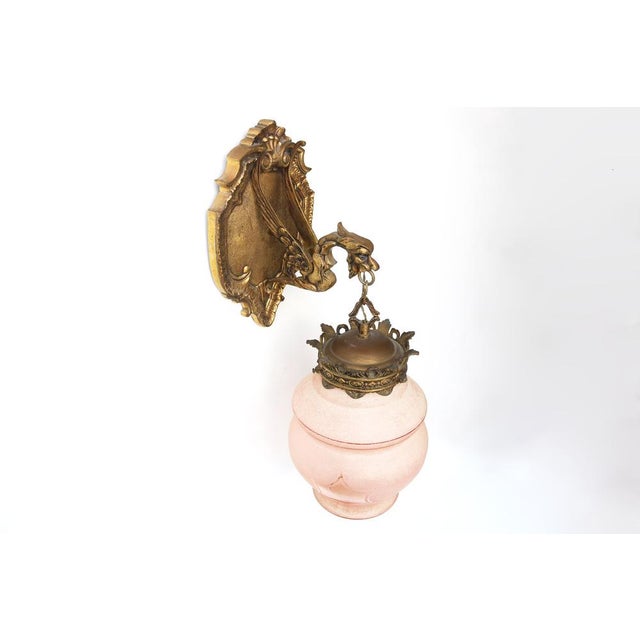 Metal Antique Gothic Revival Bronze Dragon or Griffin Wall Sconce with Pink Glass Shade, Early 20th Century For Sale - Image 7 of 16