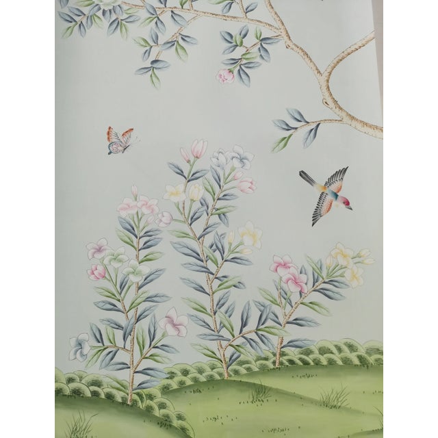 Hand Painted Chinoiserie Wallpaper Mural With Floral Branches, Birds and Botanical Garden Scene For Sale - Image 11 of 11