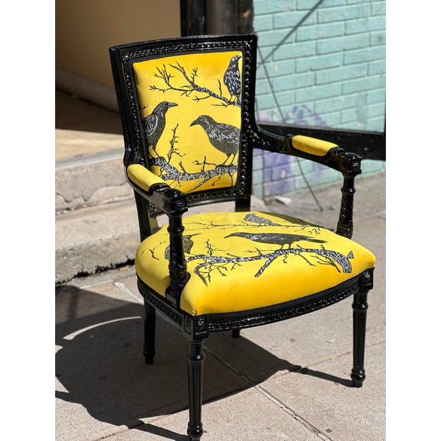 Unique Gothic Vintage Raven Crow Yellow velvet with embroidery Armchair One of a kind - Eye Catching Exceptional Chair...