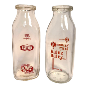 Circa 1940s Pet & Kainz Dairy Glass Pint Milk Bottles – Pair