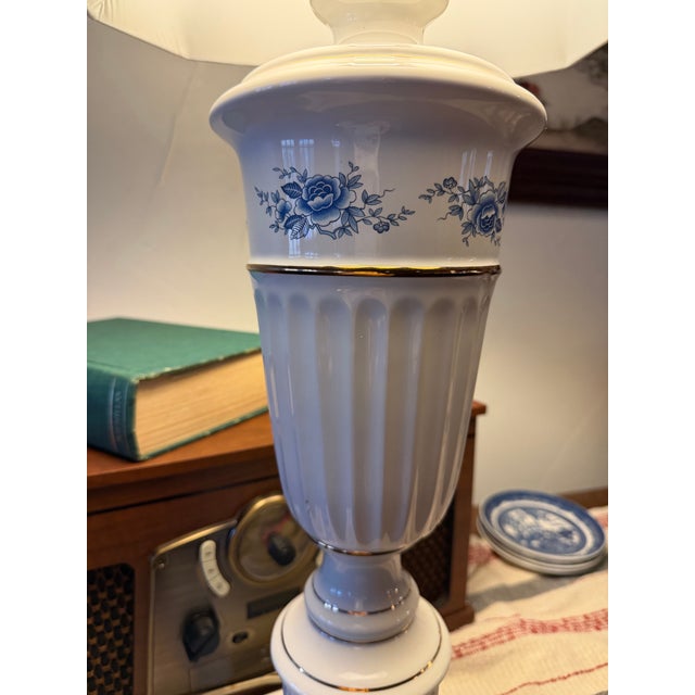 Classy Vintage Blue & White Porcelain Table Lamp With Floral Detail 29" For Sale In Tampa - Image 6 of 6