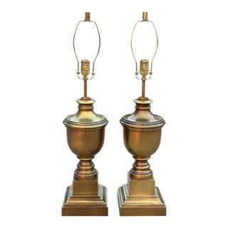 Vintage French Empire Style Gold Brass Metal Urn Form Table Lamps - A Pair For Sale