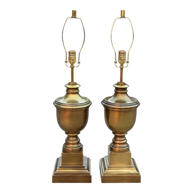 Vintage French Empire Style Gold Brass Metal Urn Form Table Lamps - A Pair For Sale
