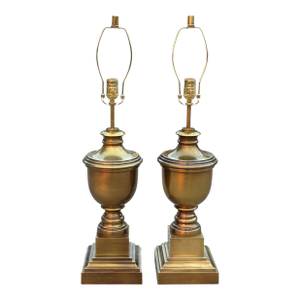 Vintage French Empire Style Gold Brass Metal Urn Form Table Lamps - A Pair