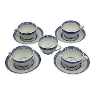 1970s Jingdezhen Rice Eye Grain Cups & Saucers Blue & White Porcelain 9pc Set For Sale