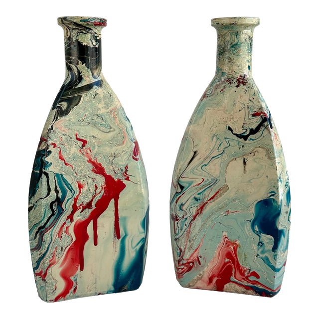 Americana Faux Marble Coated Glass Bottles - a Pair For Sale