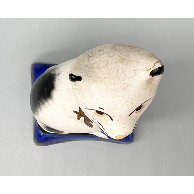 Ceramic Antique Black & White Cat Figurine on Blue Base – Staffordshire Pottery Style For Sale - Image 7 of 12