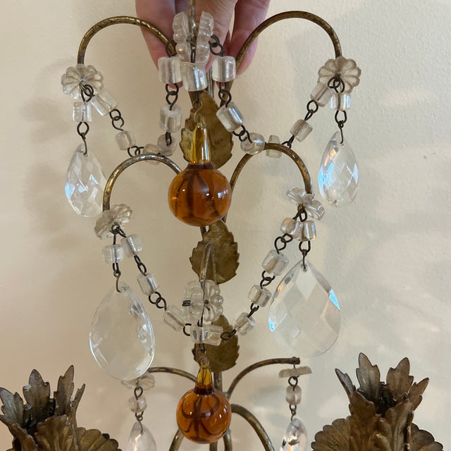 Antique Pair of Italian Gold Gilt & Crystal Candle Sconces For Sale - Image 9 of 12