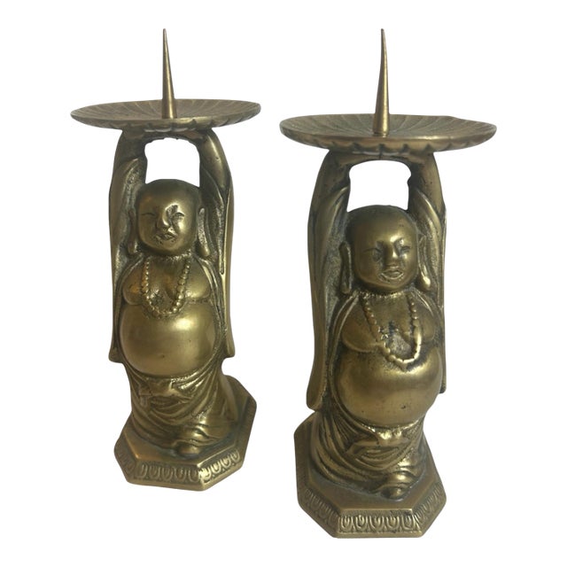 Vintage Brass Buddha Altar Candle Holders - A Pair For Sale