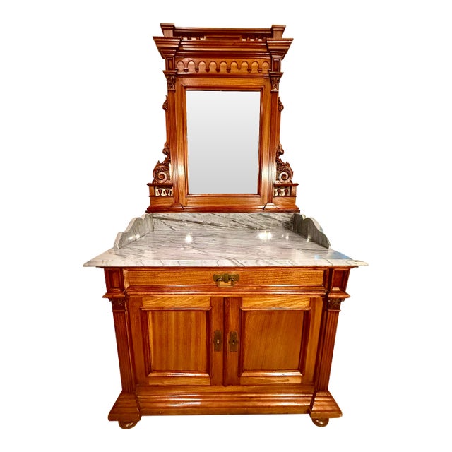 Late 19th Century Victorian Antique** Carved Walnut Washstand & Mirror W/Marble Top For Sale
