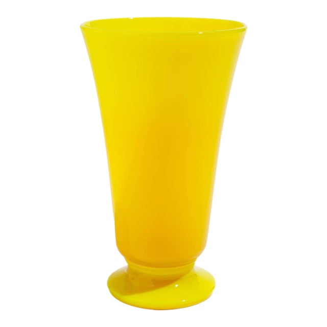 Vintage Cadmium Yellow Opaline Blown Glass Footed Vase For Sale