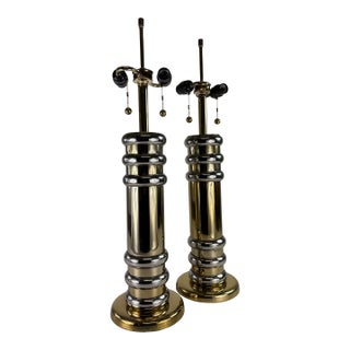 Mid-Century Mod. Chrome and Brass Modern Table Lamps/Pair For Sale