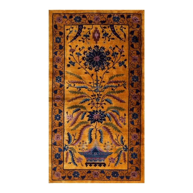 1920s Goldenord Floral Antique Chinese Art Deco Carpet 3'' X 5'6'' Knotted Wool Rug For Sale
