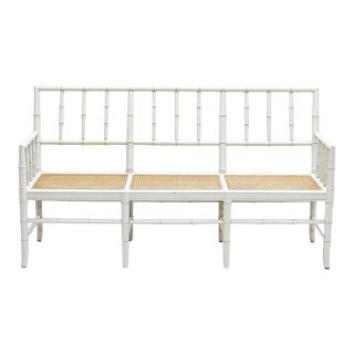 Maitland Smith Style Coastal Faux Bamboo and Cane Bench/Sofa For Sale